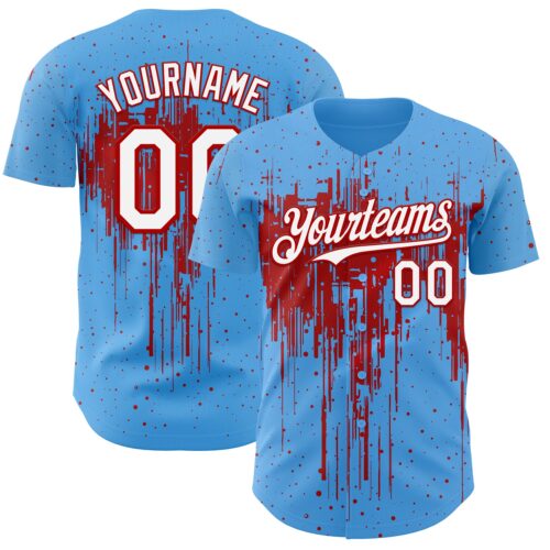 3DPattern12913 Custom Sky Blue White-Red Dripping Splatter Paint Authentic Baseball Jersey