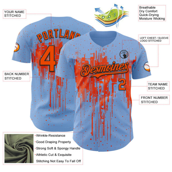 Custom Light Blue Orange-Black Dripping Splatter Paint Authentic Baseball Jersey