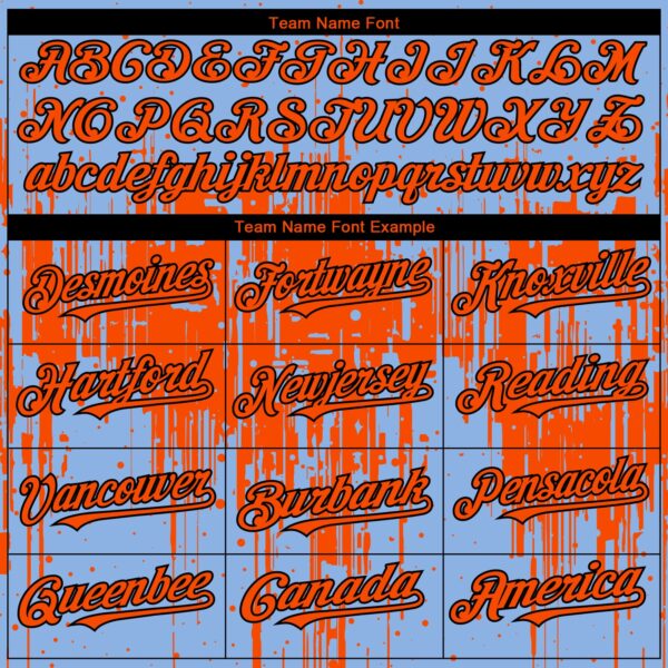 Custom Light Blue Orange-Black Dripping Splatter Paint Authentic Baseball Jersey