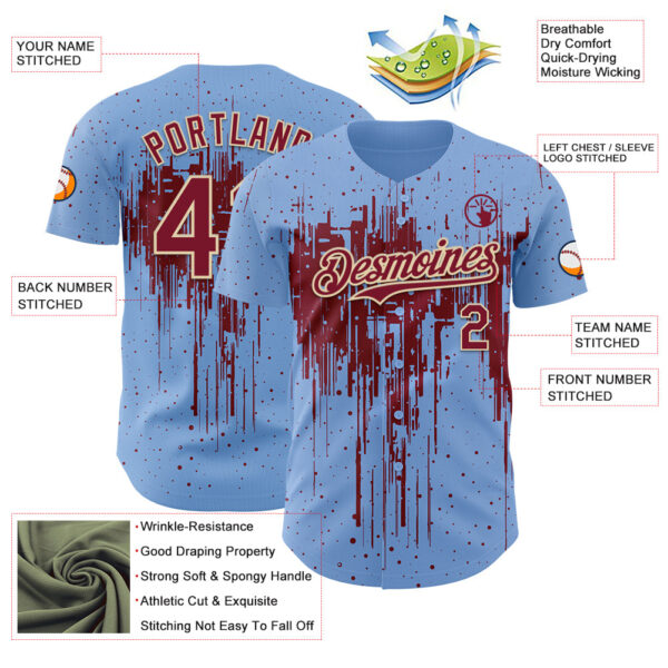 Custom Light Blue Crimson-Cream Dripping Splatter Paint Authentic Baseball Jersey