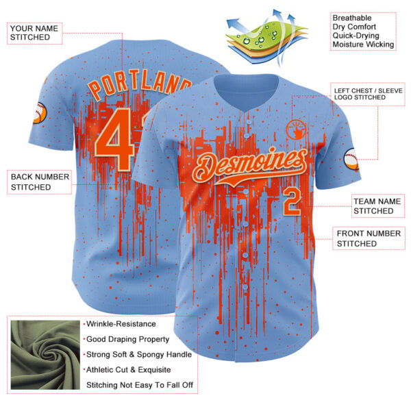 Custom Light Blue Orange-Cream Dripping Splatter Paint Authentic Baseball Jersey