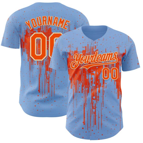 Custom Light Blue Orange-Cream Dripping Splatter Paint Authentic Baseball Jersey