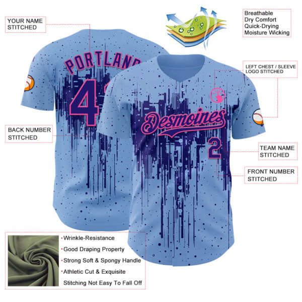 Custom Light Blue Dark Purple-Pink Dripping Splatter Paint Authentic Baseball Jersey