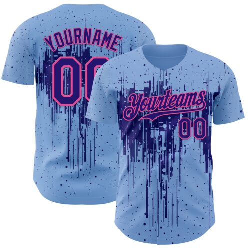 3DPattern12918 Custom Light Blue Dark Purple-Pink Dripping Splatter Paint Authentic Baseball Jersey