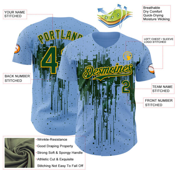 Custom Light Blue Green-Gold Dripping Splatter Paint Authentic Baseball Jersey