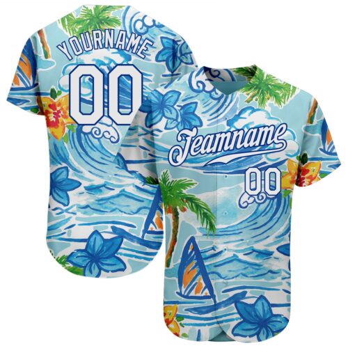 3DPattern1292 Custom White Royal 3D Pattern Design Beach Hawaii Palm Trees And Flowers Authentic Baseball Jersey