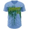 Custom Light Blue Kelly Green-Gold Dripping Splatter Paint Authentic Baseball Jersey