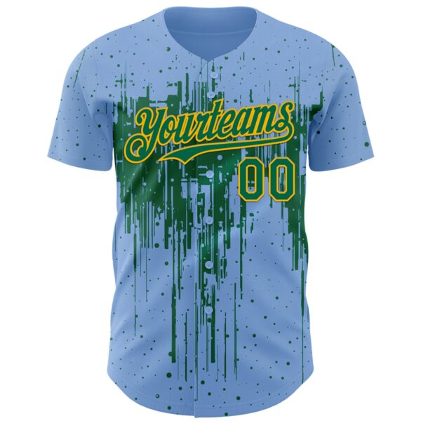 Custom Light Blue Kelly Green-Gold Dripping Splatter Paint Authentic Baseball Jersey