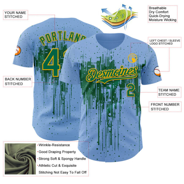 Custom Light Blue Kelly Green-Gold Dripping Splatter Paint Authentic Baseball Jersey
