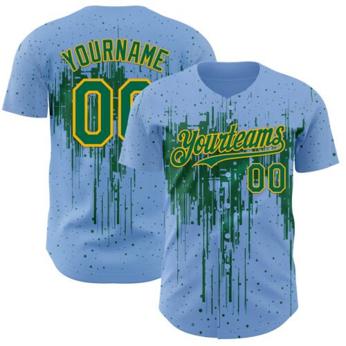 3DPattern12920 Custom Light Blue Kelly Green-Gold Dripping Splatter Paint Authentic Baseball Jersey