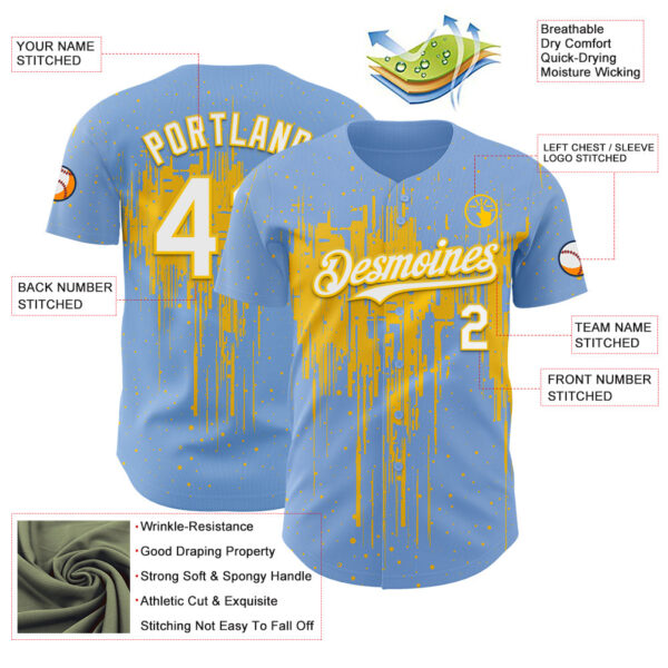 Custom Light Blue White-Yellow Dripping Splatter Paint Authentic Baseball Jersey