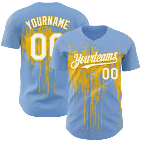 3DPattern12921 Custom Light Blue White-Yellow Dripping Splatter Paint Authentic Baseball Jersey