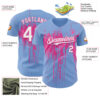 Custom Light Blue White-Pink Dripping Splatter Paint Authentic Baseball Jersey