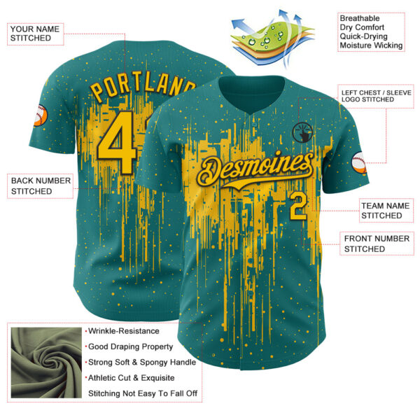 Custom Teal Yellow-Black Dripping Splatter Paint Authentic Baseball Jersey