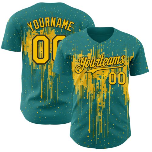 3DPattern12924 Custom Teal Yellow-Black Dripping Splatter Paint Authentic Baseball Jersey