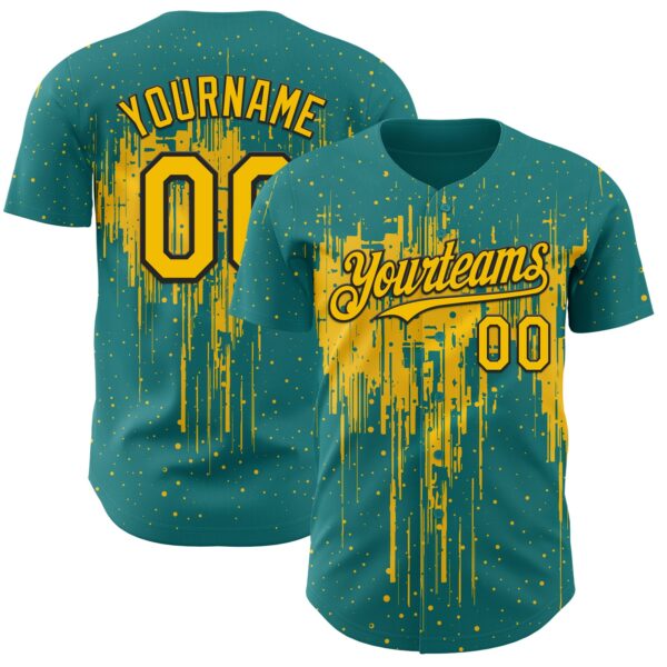 Custom Teal Yellow-Black Dripping Splatter Paint Authentic Baseball Jersey
