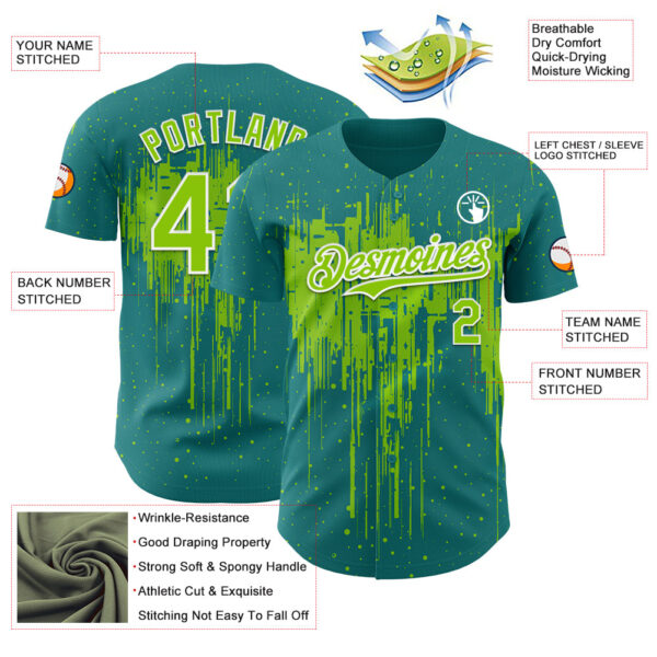 Custom Teal Neon Green-White Dripping Splatter Paint Authentic Baseball Jersey