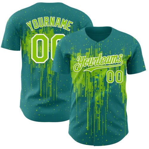 3DPattern12925 Custom Teal Neon Green-White Dripping Splatter Paint Authentic Baseball Jersey