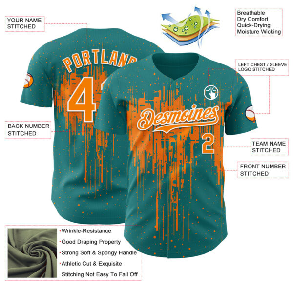 Custom Teal Bay Orange-White Dripping Splatter Paint Authentic Baseball Jersey