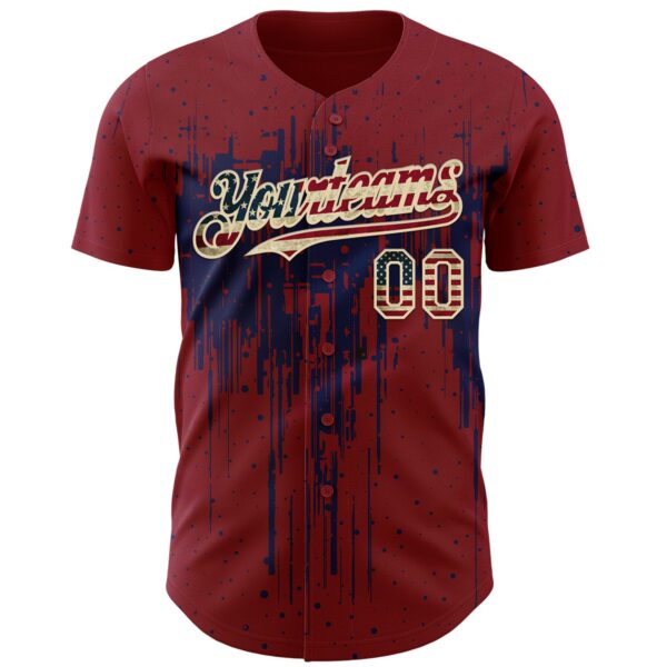 Custom Crimson Vintage USA Flag Cream-Navy Dripping Splatter Paint Authentic Baseball Jersey