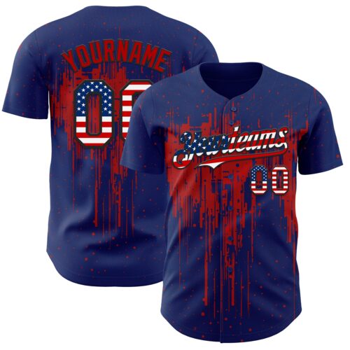 Custom Royal Vintage USA Flag Black-Red Dripping Splatter Paint Authentic Baseball Jersey