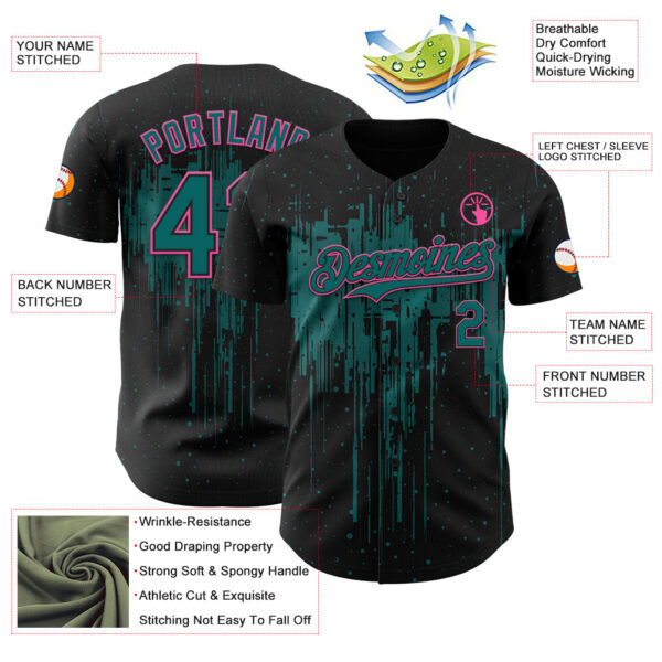 Custom Black Teal-Pink Dripping Splatter Paint Authentic Baseball Jersey