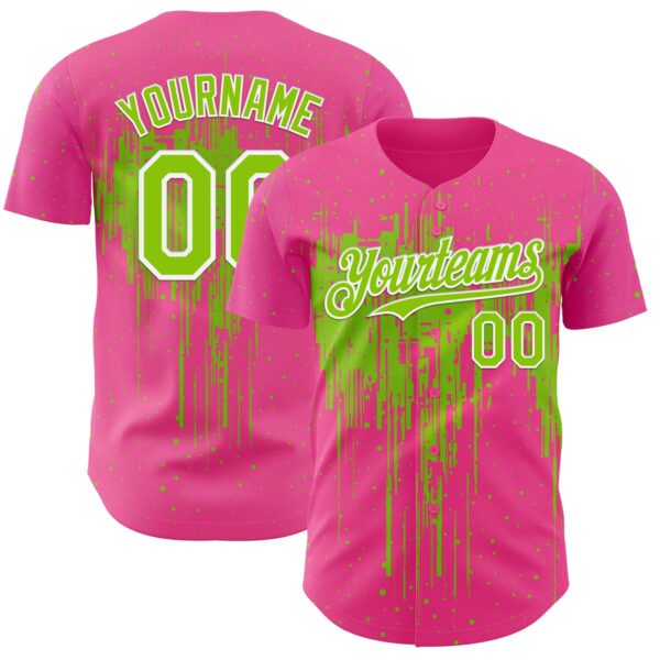 Custom Pink Neon Green-White Dripping Splatter Paint Authentic Baseball Jersey