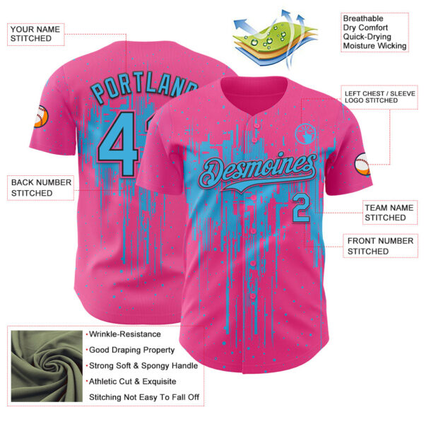 Custom Pink Sky Blue-Black Dripping Splatter Paint Authentic Baseball Jersey