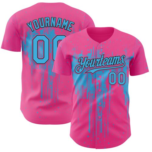 Custom Pink Sky Blue-Black Dripping Splatter Paint Authentic Baseball Jersey