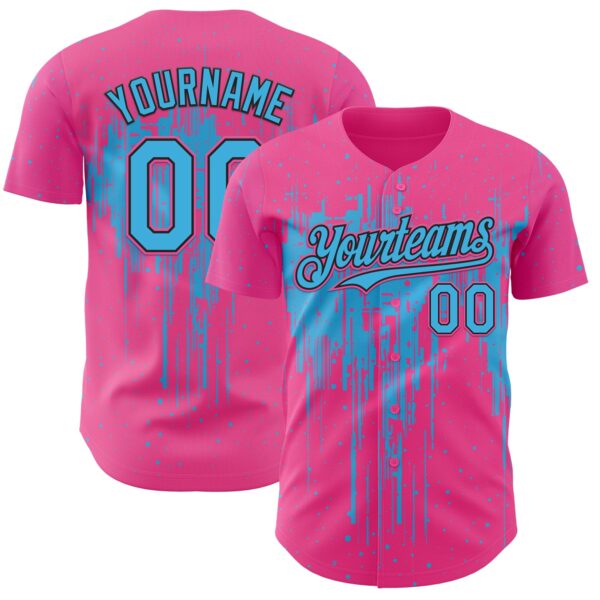 Custom Pink Sky Blue-Black Dripping Splatter Paint Authentic Baseball Jersey