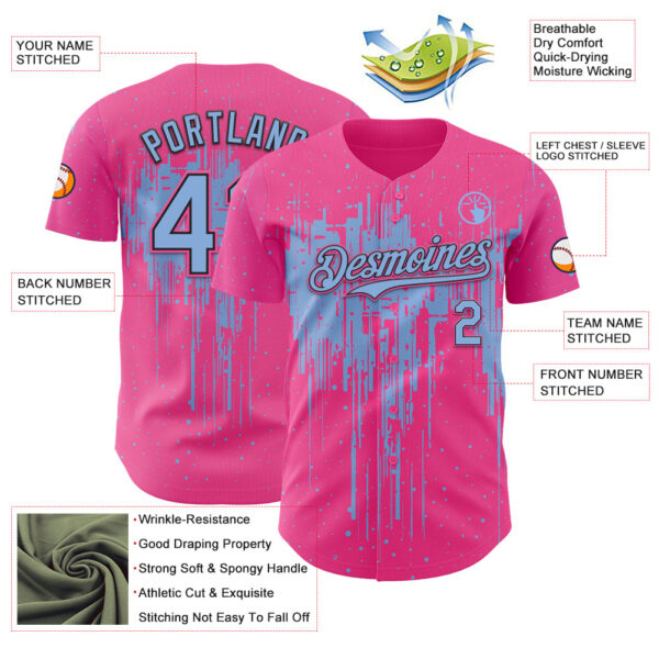Custom Pink Light Blue-Black Dripping Splatter Paint Authentic Baseball Jersey