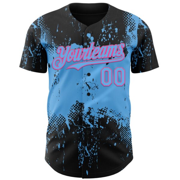 Custom Black Sky Blue-Pink Abstract Splatter Grunge Paint Authentic Baseball Jersey