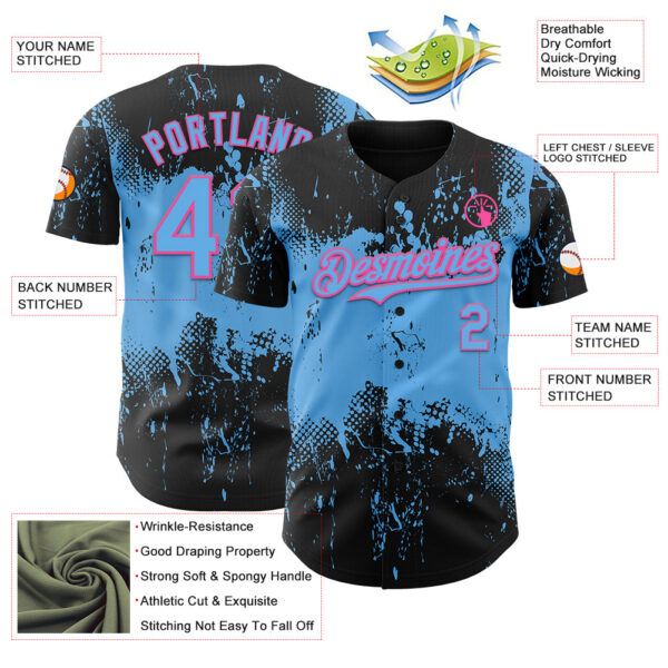 Custom Black Sky Blue-Pink Abstract Splatter Grunge Paint Authentic Baseball Jersey