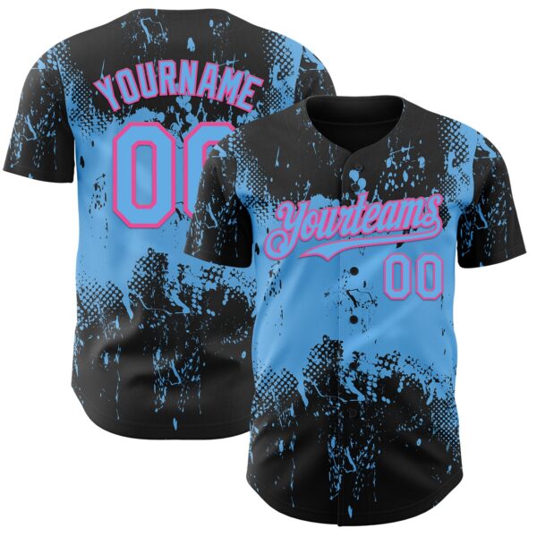Custom Black Sky Blue-Pink Abstract Splatter Grunge Paint Authentic Baseball Jersey