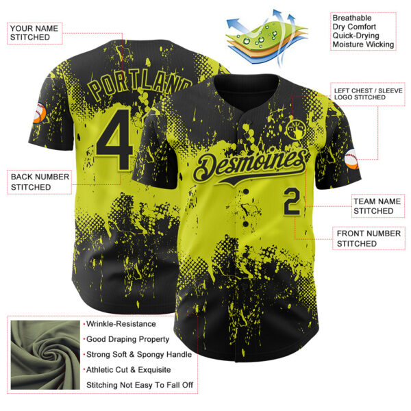 Custom Black Neon Yellow Abstract Splatter Grunge Paint Authentic Baseball Jersey