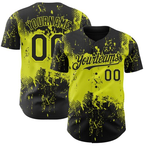 Custom Black Neon Yellow Abstract Splatter Grunge Paint Authentic Baseball Jersey
