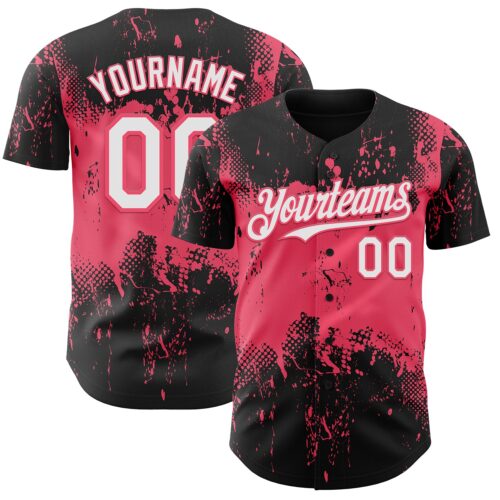 Custom Black White-Neon Pink Abstract Splatter Grunge Paint Authentic Baseball Jersey