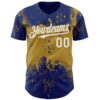 Custom Royal White-Old Gold Abstract Splatter Grunge Paint Authentic Baseball Jersey