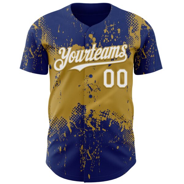 Custom Royal White-Old Gold Abstract Splatter Grunge Paint Authentic Baseball Jersey
