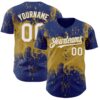 Custom Royal White-Old Gold Abstract Splatter Grunge Paint Authentic Baseball Jersey