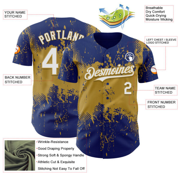 Custom Royal White-Old Gold Abstract Splatter Grunge Paint Authentic Baseball Jersey