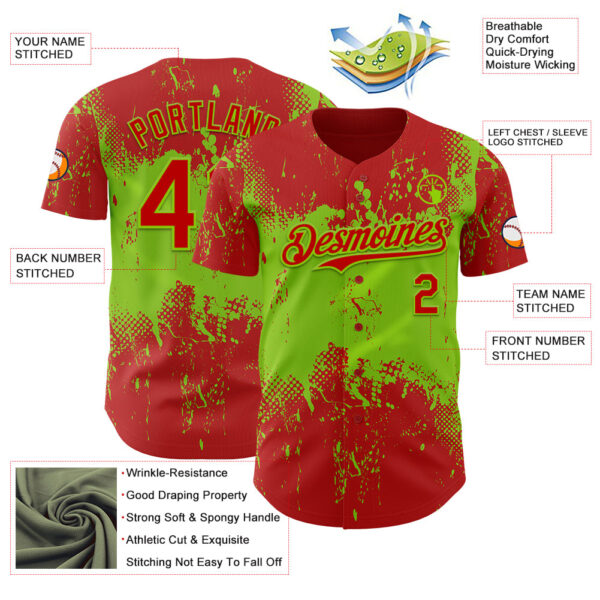 Custom Red Neon Green Abstract Splatter Grunge Paint Authentic Baseball Jersey