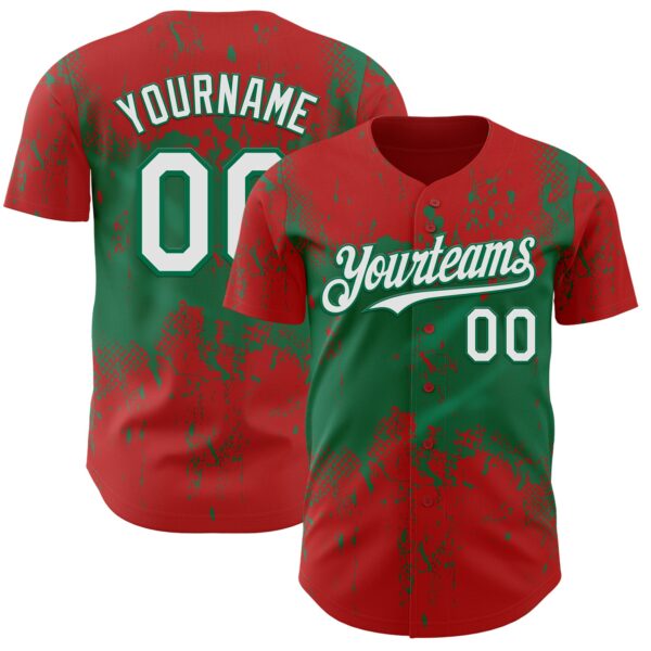 Custom Red White-Kelly Green Abstract Splatter Grunge Paint Authentic Baseball Jersey