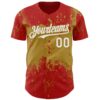 Custom Red White-Old Gold Abstract Splatter Grunge Paint Authentic Baseball Jersey