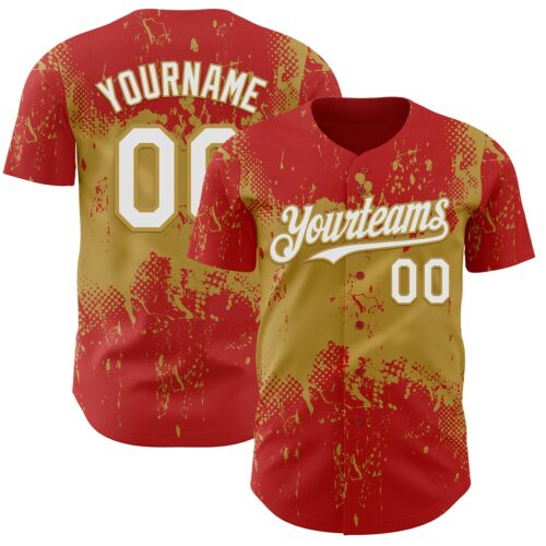 Custom Red White-Old Gold Abstract Splatter Grunge Paint Authentic Baseball Jersey