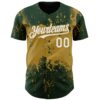 Custom Green White-Old Gold Abstract Splatter Grunge Paint Authentic Baseball Jersey