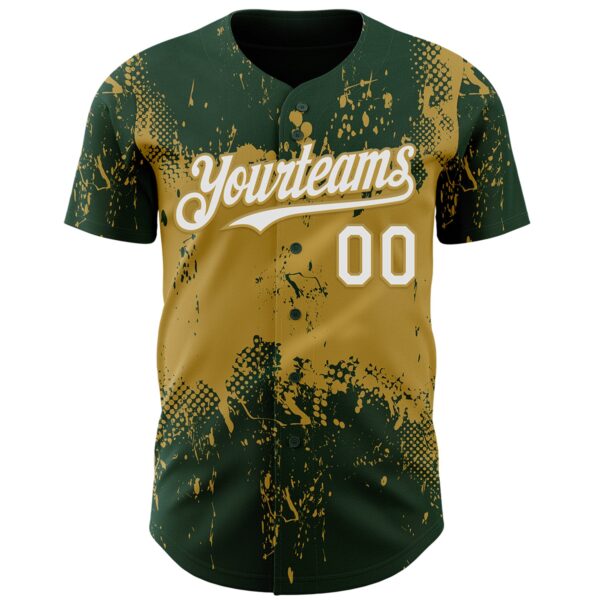 Custom Green White-Old Gold Abstract Splatter Grunge Paint Authentic Baseball Jersey