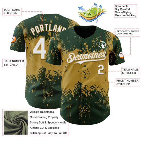 Custom Green White-Old Gold Abstract Splatter Grunge Paint Authentic Baseball Jersey