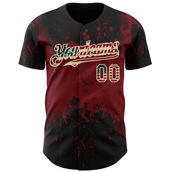 Custom Black Vintage USA Flag Crimson-Cream Abstract Splatter Grunge Paint Authentic Baseball Jersey