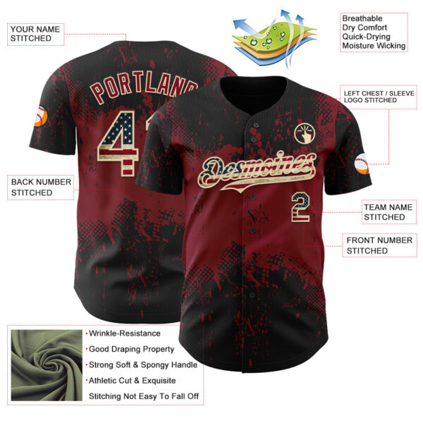 Custom Black Vintage USA Flag Crimson-Cream Abstract Splatter Grunge Paint Authentic Baseball Jersey